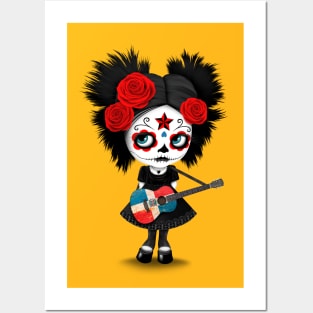 Sugar Skull Girl Playing Dominican Flag Guitar Posters and Art